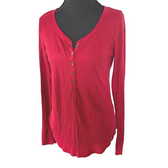 Y2K Abercrombie & Fitch Ribbed Henley Top Elena Gilbert Red Casual Preppy Medium - Picture 1 of 8